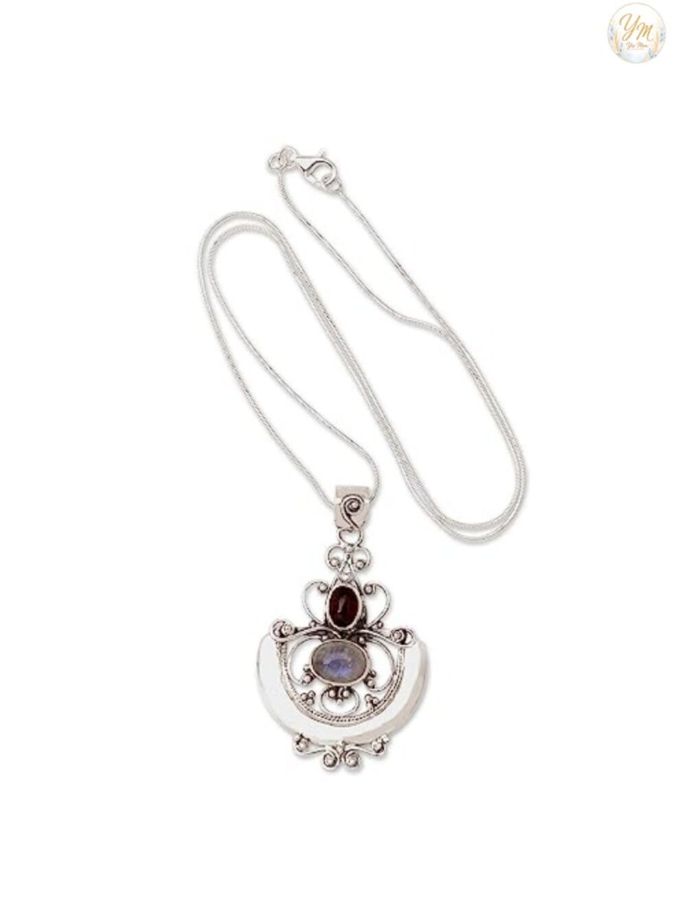Sterling Silver Rainbow Moonstone Garnet Pendant Necklace Handcrafted